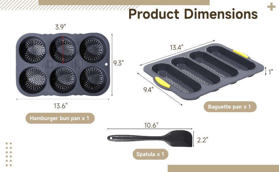OMISTAR 3 PCS Silicone Baguette Pan and Hamburger Bun Pan Set,Non-stick French Bread Baking Mold,4 Wave French Bread Baking Tray,6 Cup Hamburger Bun Mold with Scraper