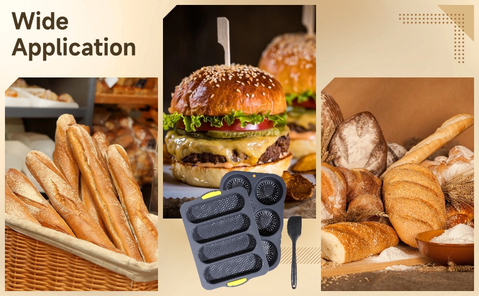 OMISTAR 3 PCS Silicone Baguette Pan and Hamburger Bun Pan Set,Non-stick French Bread Baking Mold,4 Wave French Bread Baking Tray,6 Cup Hamburger Bun Mold with Scraper