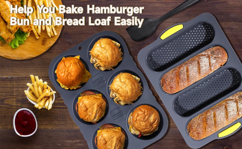 OMISTAR 3 PCS Silicone Baguette Pan and Hamburger Bun Pan Set,Non-stick French Bread Baking Mold,4 Wave French Bread Baking Tray,6 Cup Hamburger Bun Mold with Scraper