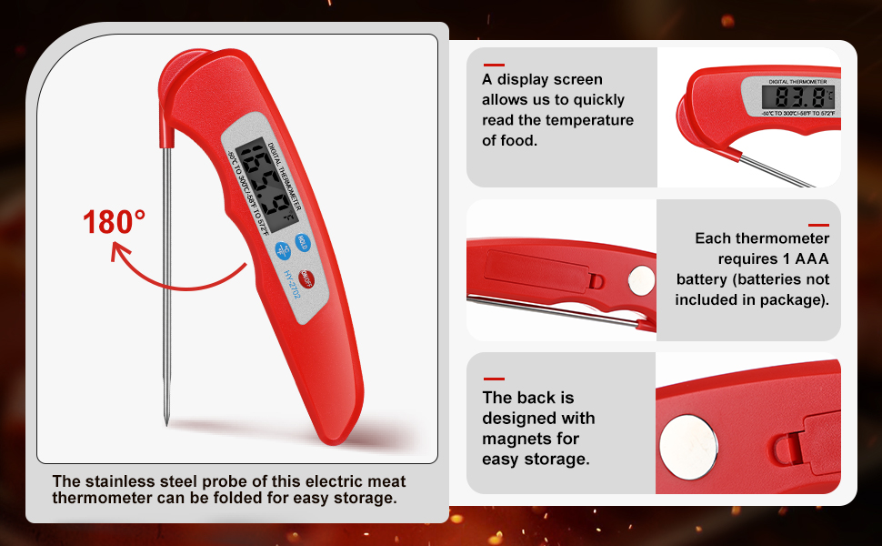 Xuhal 12 Pcs Digital Meat Thermometer with Probe Waterproof Instant Read Foldable Food Thermometer with Magnet for Kitchen Grilling Cooking Turkey Baking BBQ(Black, Red, White)