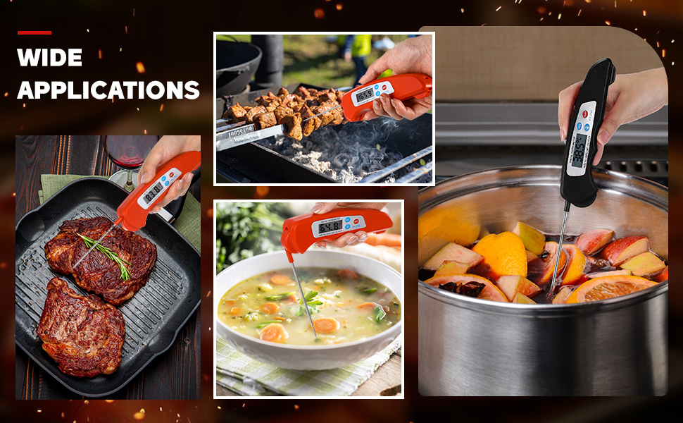 Xuhal 12 Pcs Digital Meat Thermometer with Probe Waterproof Instant Read Foldable Food Thermometer with Magnet for Kitchen Grilling Cooking Turkey Baking BBQ(Black, Red, White)