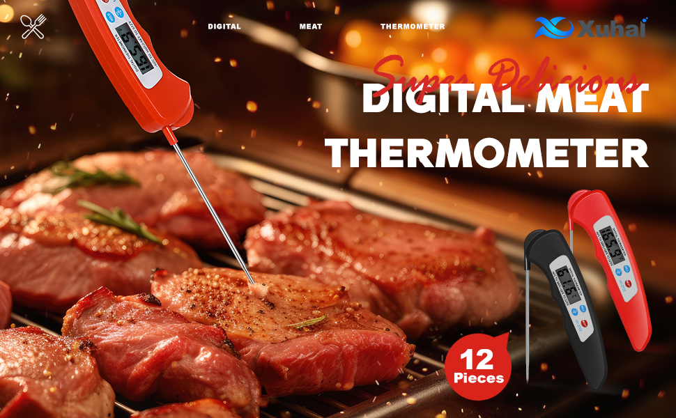 Xuhal 12 Pcs Digital Meat Thermometer with Probe Waterproof Instant Read Foldable Food Thermometer with Magnet for Kitchen Grilling Cooking Turkey Baking BBQ(Black, Red, White)