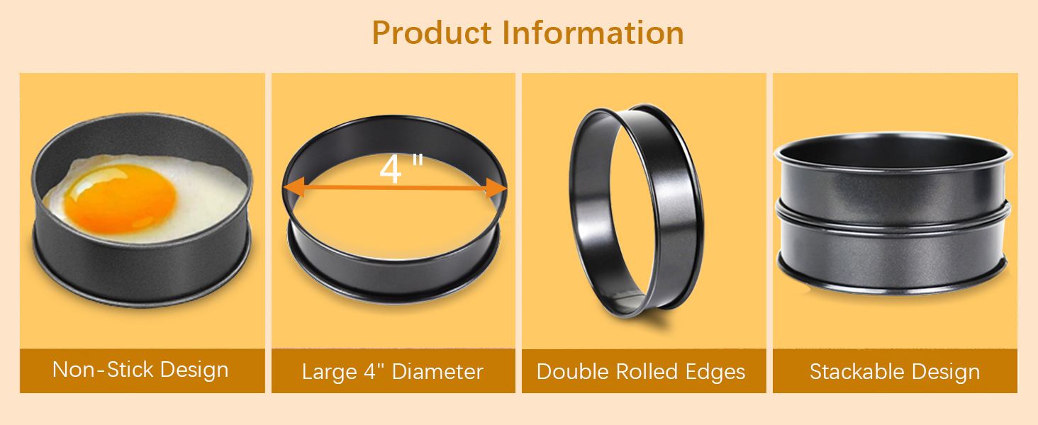 6pcs English Muffin Rings, 4 Inch Double Rolled Stainless Steel Crumpet & Tart Rings, Non-Stick for Muffin, Crumpet, Fry Eggs