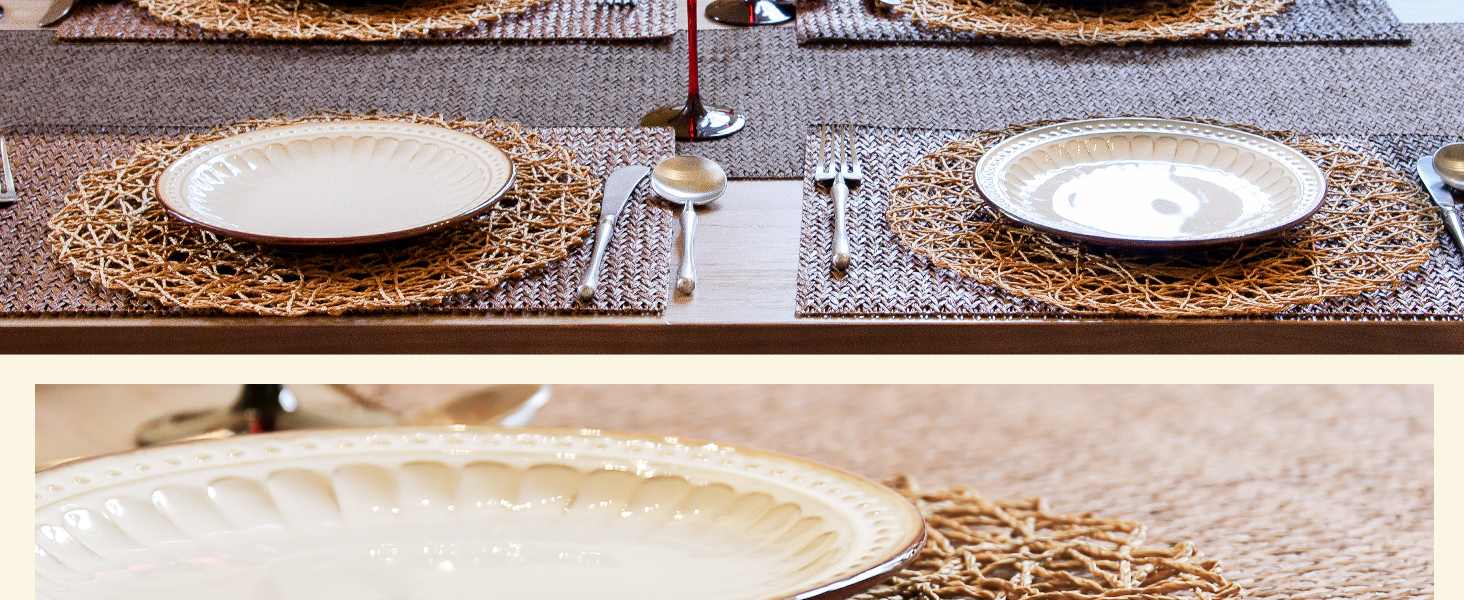 AHHFSMEI Paper Braided Round Placemats Set of 6 Natural Non-Slip Heat Resistant Table Mats for Dining Tables Woven Indoor & Outdoor Place mats(Brown)