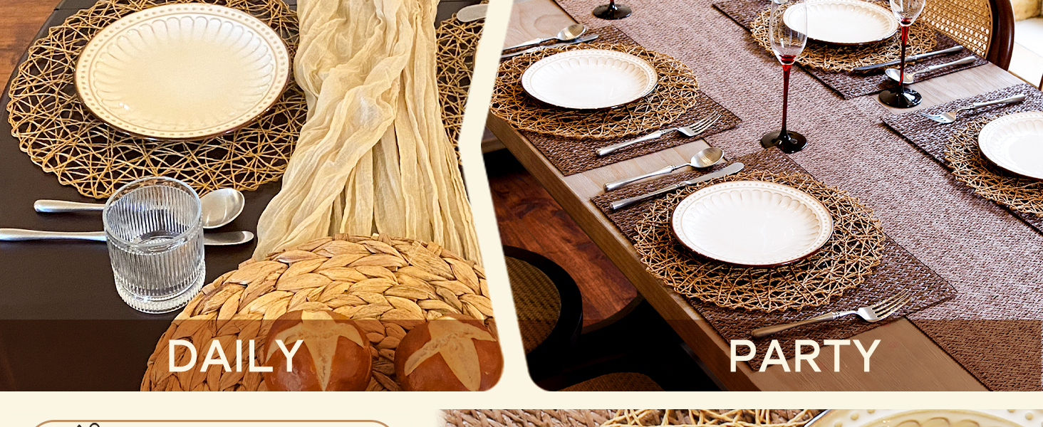 AHHFSMEI Paper Braided Round Placemats Set of 6 Natural Non-Slip Heat Resistant Table Mats for Dining Tables Woven Indoor & Outdoor Place mats(Brown)