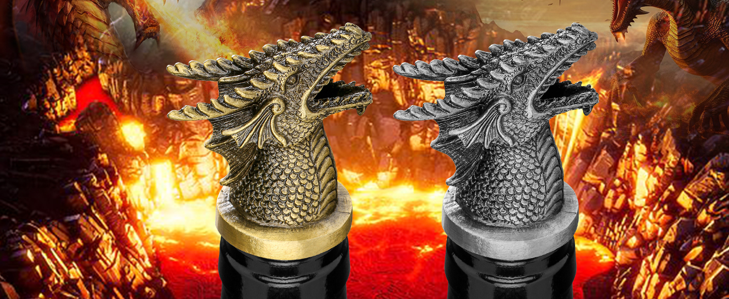 Dragon Head 2-In-1 Wine Bottle Pourer and Stopper, Gifts for Men Women Dragon Fans, Liquor Bottle Pourers Spout for Alcohol Spirits, Wine Accessories, Dark Silver