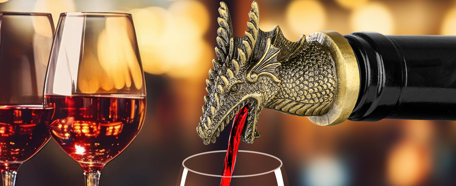 Dragon Head 2-In-1 Wine Bottle Pourer and Stopper, Gifts for Men Women Dragon Fans, Liquor Bottle Pourers Spout for Alcohol Spirits, Wine Accessories, Dark Silver