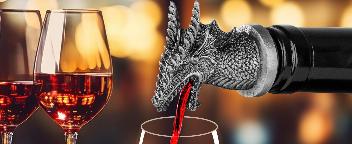 Dragon Head 2-In-1 Wine Bottle Pourer and Stopper, Gifts for Men Women Dragon Fans, Liquor Bottle Pourers Spout for Alcohol Spirits, Wine Accessories, Dark Silver