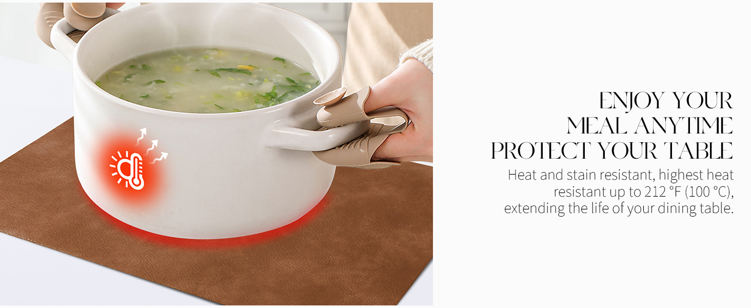 MOSAYT Vinyl Placemats Set of 6-12 X 17 Inch - Faux Leather 100% Waterproof Oil-Proof Wipeable PU Place Mats, Heat Resistant Reversible Table Mats for Kitchen, Dining, Outdoor (Reddish Brown)