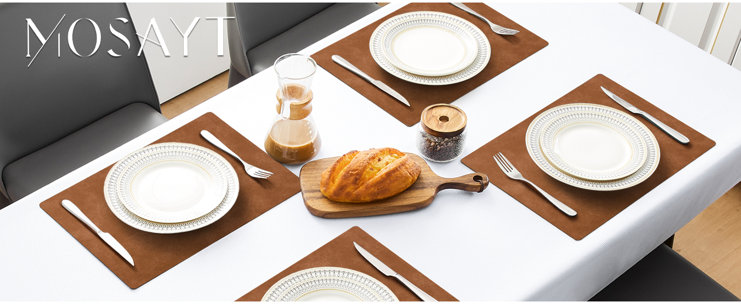 MOSAYT Vinyl Placemats Set of 6-12 X 17 Inch - Faux Leather 100% Waterproof Oil-Proof Wipeable PU Place Mats, Heat Resistant Reversible Table Mats for Kitchen, Dining, Outdoor (Reddish Brown)