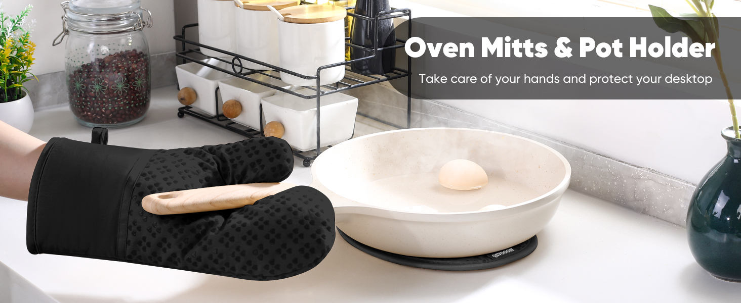 Oven Mitts and Pot Holders 4 Sets, Heat Resistant 500 ℉ Oven Mitt and Pot Holder,Oven Glove&Potholders with Non-Slip Silicone Surface,Kitchen Essentials for Cooking/Baking/BBQ-Black