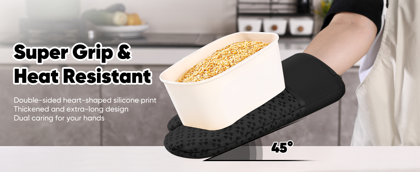 Oven Mitts and Pot Holders 4 Sets, Heat Resistant 500 ℉ Oven Mitt and Pot Holder,Oven Glove&Potholders with Non-Slip Silicone Surface,Kitchen Essentials for Cooking/Baking/BBQ-Black