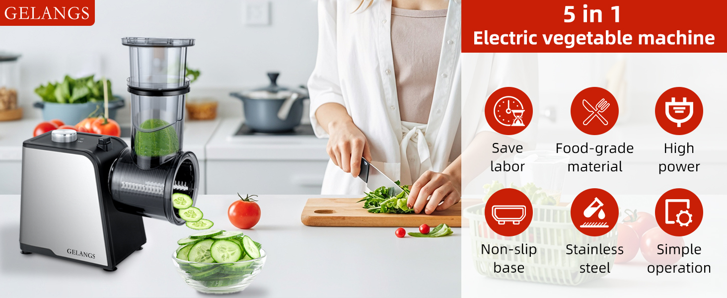 5 In 1 Electric vegetable slicer,300W Electric Cheese Grater Salad Shooter, One-Touch Easy Control, Electric Grater for Vegetables, Cheeses and NutsFor Home Kitchen