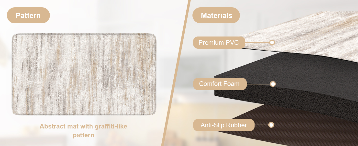 KIMODE Anti Fatigue Kitchen Mats for Floor 2 Piece, Cushioned Abstract Kitchen Rugs,Memory Foam Kitchen Floor Mats, Standing Desk Mats for Laundry, Office, Sink Light Brown Multi 17