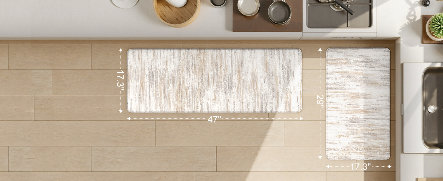 KIMODE Anti Fatigue Kitchen Mats for Floor 2 Piece, Cushioned Abstract Kitchen Rugs,Memory Foam Kitchen Floor Mats, Standing Desk Mats for Laundry, Office, Sink Light Brown Multi 17