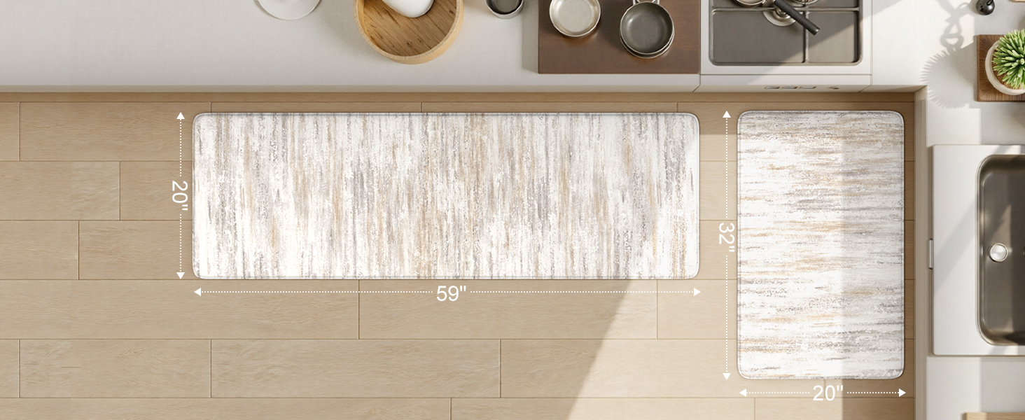 KIMODE Anti Fatigue Kitchen Mats for Floor 2 Piece, Cushioned Abstract Kitchen Rugs,Memory Foam Kitchen Floor Mats, Standing Desk Mats for Laundry, Office, Sink Light Brown Multi 17