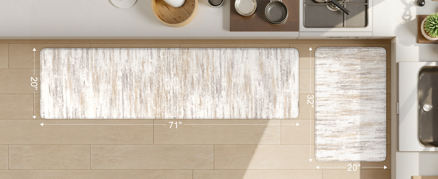 KIMODE Anti Fatigue Kitchen Mats for Floor 2 Piece, Cushioned Abstract Kitchen Rugs,Memory Foam Kitchen Floor Mats, Standing Desk Mats for Laundry, Office, Sink Light Brown Multi 17