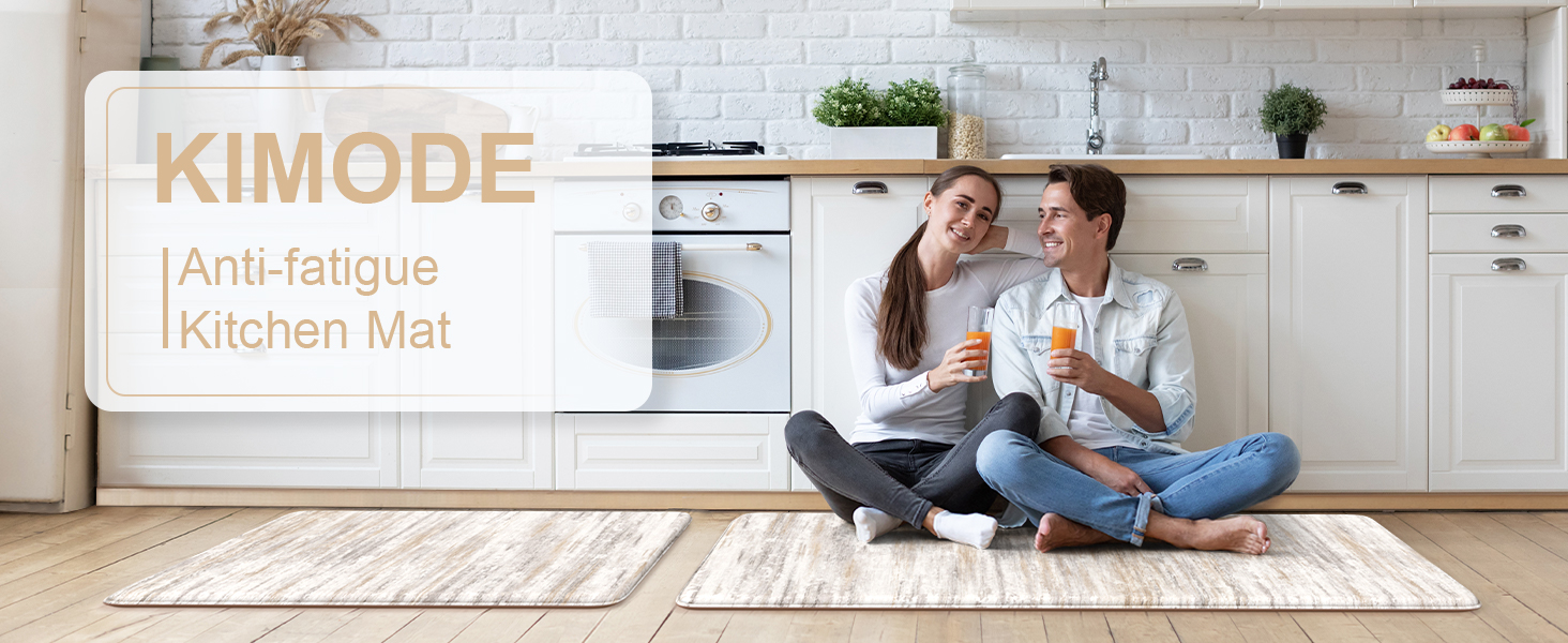 KIMODE Anti Fatigue Kitchen Mats for Floor 2 Piece, Cushioned Abstract Kitchen Rugs,Memory Foam Kitchen Floor Mats, Standing Desk Mats for Laundry, Office, Sink Light Brown Multi 17
