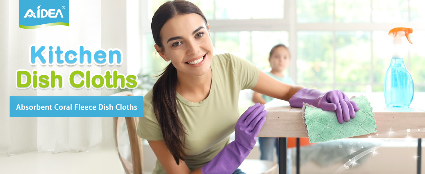 AIDEA Kitchen Towels, 12 Pack Absorbent Coral Fleece Dish Towels, No Odor Reusable Dish Cloths, Microfiber Cleaning Cloths, Fast Drying Dishcloths, 6.3