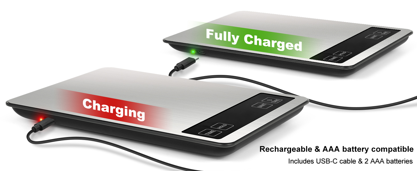 Fuzion Food Scale, 1g/0.1oz Kitchen Scale Grams and Ounces - 22lb, 7 Units, Tare & Timer Functions, Rechargeable Power, Tempered Glass & Stainless Steel - Digital Food Scale for Cooking, Baking