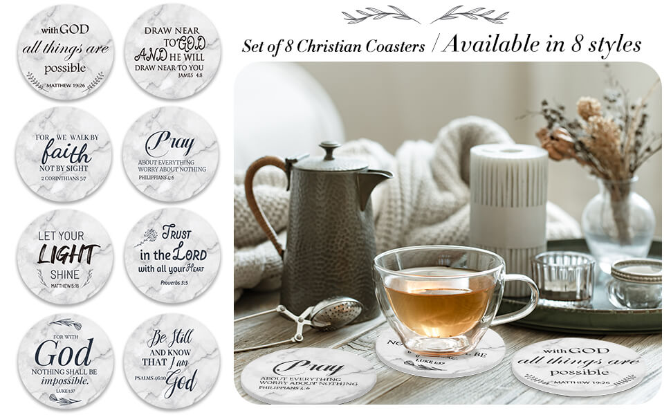 Billbotk Ceramic Coasters with Bible Verses, Coasters Set of 8 with Holder, Absorbent Drink Coasters for Home Decor and Christian Gifts, 4 Inches
