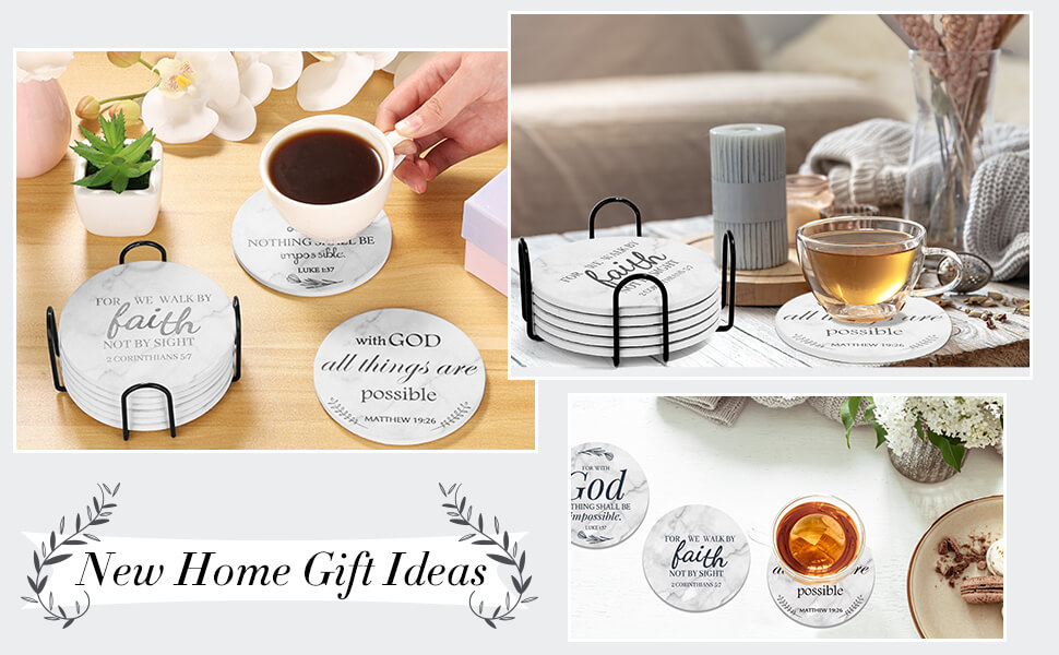 Billbotk Ceramic Coasters with Bible Verses, Coasters Set of 8 with Holder, Absorbent Drink Coasters for Home Decor and Christian Gifts, 4 Inches