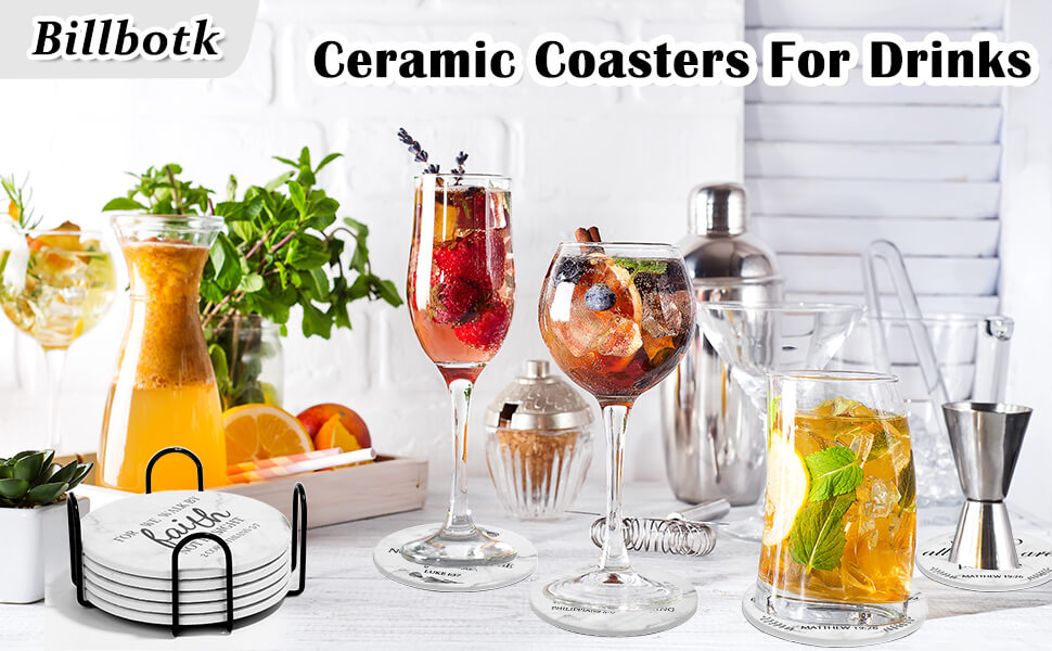 Billbotk Ceramic Coasters with Bible Verses, Coasters Set of 8 with Holder, Absorbent Drink Coasters for Home Decor and Christian Gifts, 4 Inches