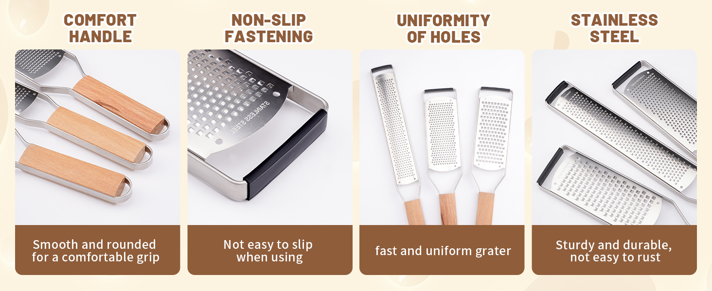 SHIKORI Professional Cheese Graters for Kitchen Stainless Steel Handheld, Metal Lemon Zester Grater With Wood Handle For Cheese, Chocolate, Spices, Kitchen Gadgets And Tools-Square Hole