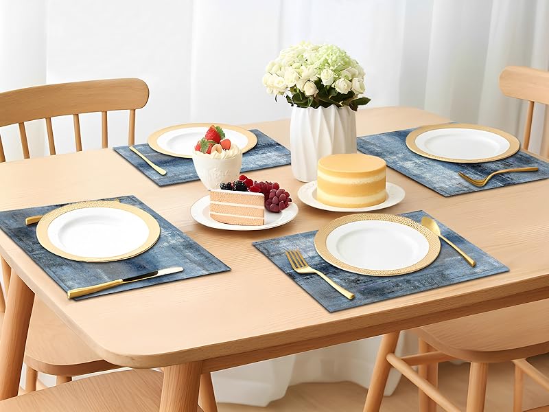 Blue Gray Placemats Set of 4 Abstract Art Place Mats Indoor Modern Linen Table Placemats Washable Wipeable Waterproof Heat Resistant Kitchen Place Mats for Dining Tables, 18 X 12 Inch