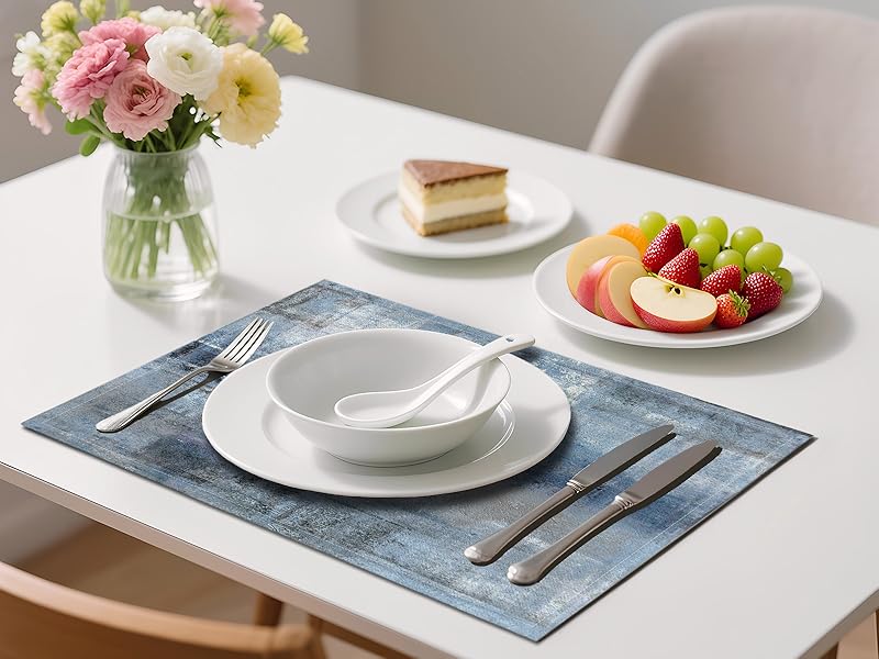 Blue Gray Placemats Set of 4 Abstract Art Place Mats Indoor Modern Linen Table Placemats Washable Wipeable Waterproof Heat Resistant Kitchen Place Mats for Dining Tables, 18 X 12 Inch