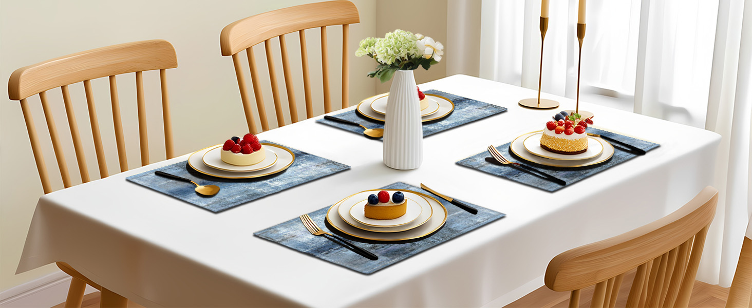 Blue Gray Placemats Set of 4 Abstract Art Place Mats Indoor Modern Linen Table Placemats Washable Wipeable Waterproof Heat Resistant Kitchen Place Mats for Dining Tables, 18 X 12 Inch
