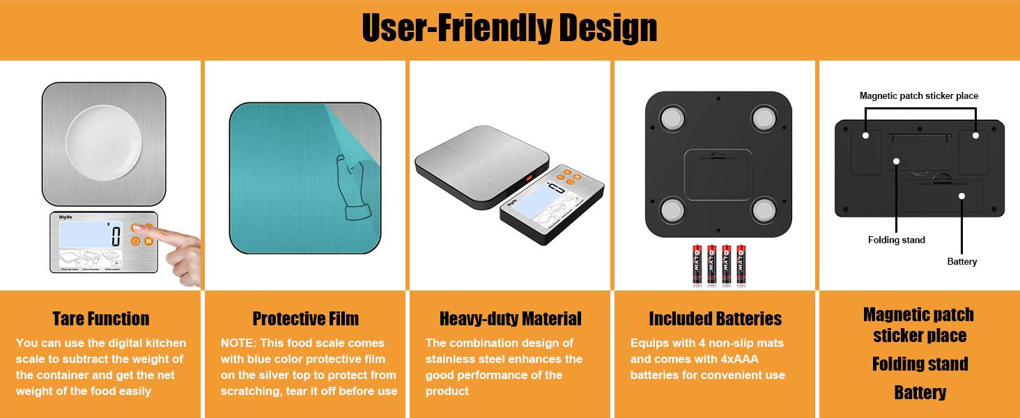33lb Food Scale with Split Display, Diyife Digital Kitchen Scales, 1g/0.1oz Precise Graduation, 304 Stainless Steel Platform, Backlit LCD, for Cooking, Meal Prep