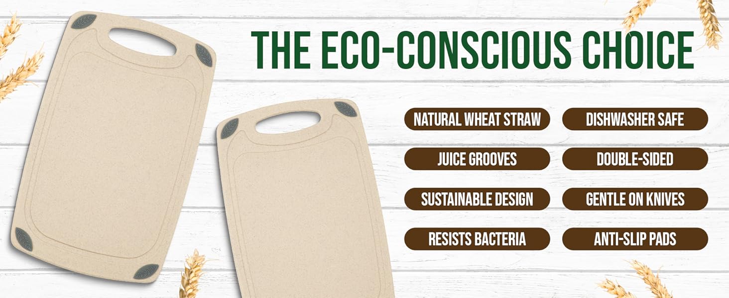 2-Piece Reversible Cutting Board Set Made from Natural Food Grade Wheat Straw Material - Eco-Conscious Alternative to Plastic - Gluten Free & BPA Free Chopping Boards for Kitchen