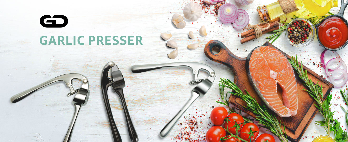 Garlic Press Crusher & Mincer – Easy Squeeze Ergonomic Handle, Heavy Duty Zinc Alloy, Dishwasher Safe, Includes Peeler & Cleaning Brush – Garlic Ginger Crusher Tool (Black)