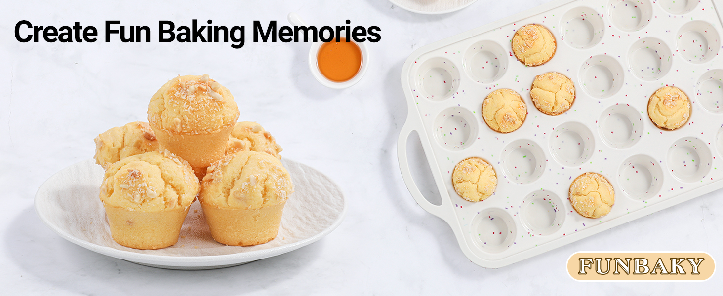 FUNBAKY Silicone Mini Muffin Pan, Metal Reinforced Frame 24 Cups Nonstick Mini Cupcake Pans with Handles Easy to Move for Baking Muffin, Cupcake, Egg Bites Oven Safe, Silicone Molds 2 Pack Confetti