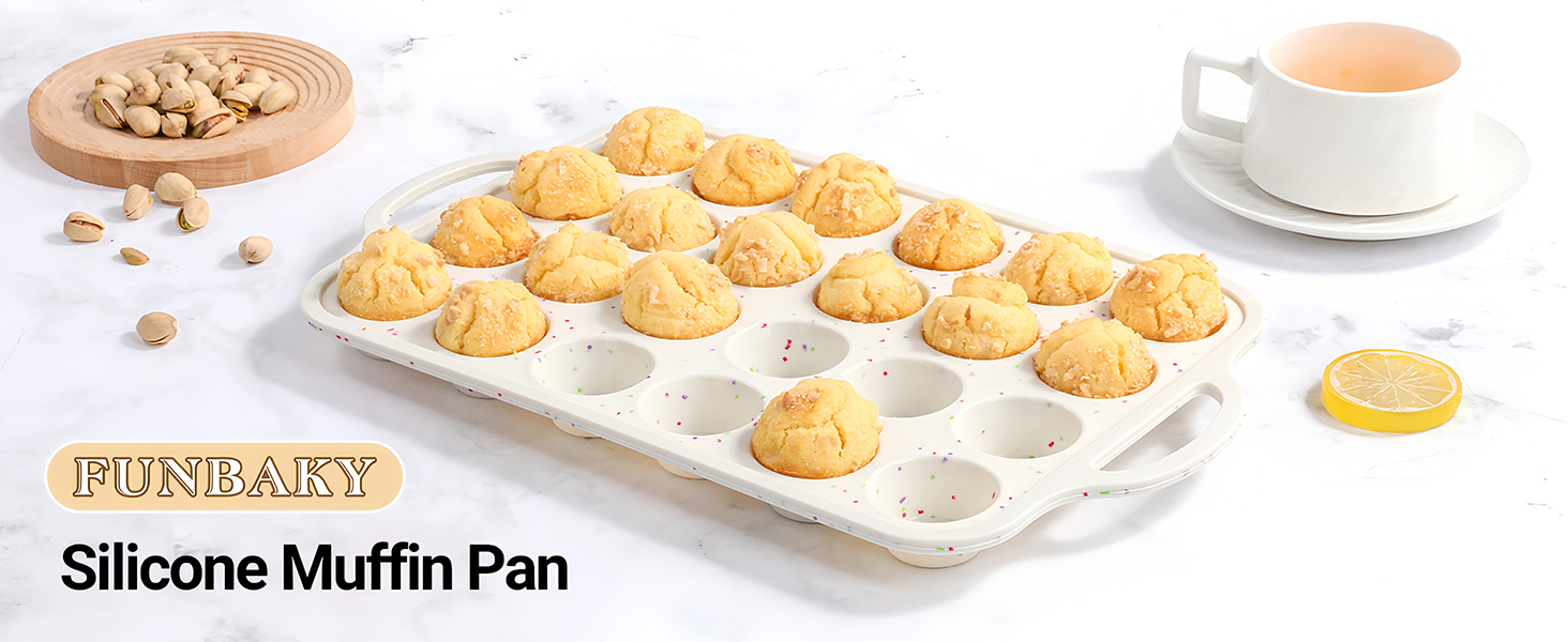 FUNBAKY Silicone Mini Muffin Pan, Metal Reinforced Frame 24 Cups Nonstick Mini Cupcake Pans with Handles Easy to Move for Baking Muffin, Cupcake, Egg Bites Oven Safe, Silicone Molds 2 Pack Confetti
