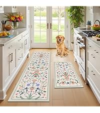 Ileading Kitchen Mat Sets 3 Piece Minimalist 3D Lattice Kitchen Floor Rugs with Non Slip Rubber Backing Machine Washable Farmhouse Runner Rugs for Laundry Hallway Doormat(Beige)