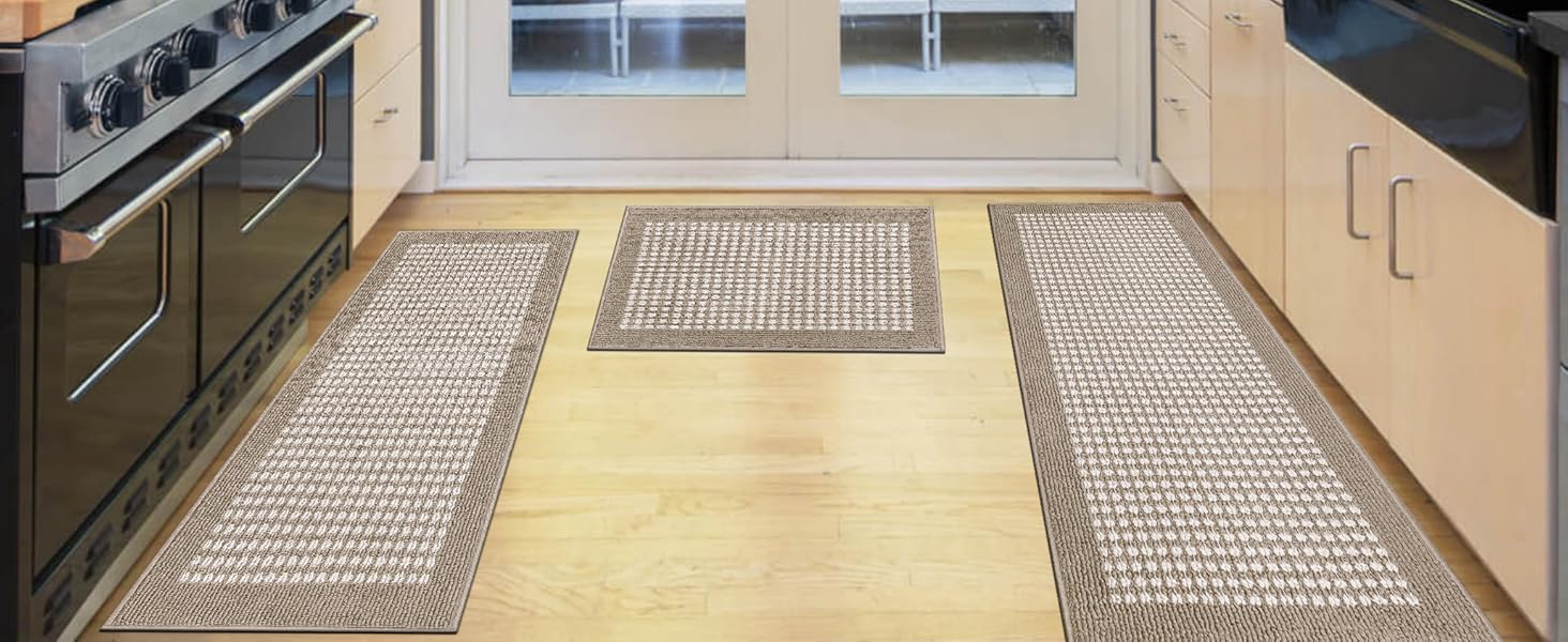 Ileading Kitchen Mat Sets 3 Piece Minimalist 3D Lattice Kitchen Floor Rugs with Non Slip Rubber Backing Machine Washable Farmhouse Runner Rugs for Laundry Hallway Doormat(Beige)
