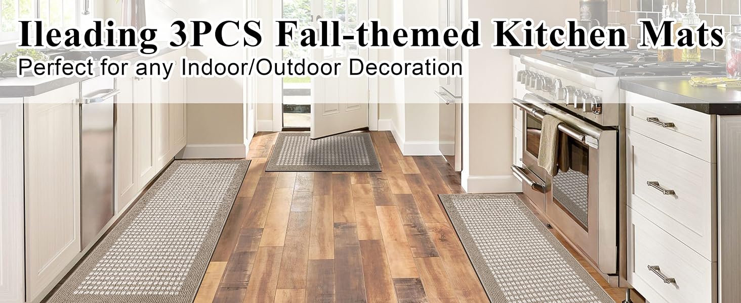 Ileading Kitchen Mat Sets 3 Piece Minimalist 3D Lattice Kitchen Floor Rugs with Non Slip Rubber Backing Machine Washable Farmhouse Runner Rugs for Laundry Hallway Doormat(Beige)