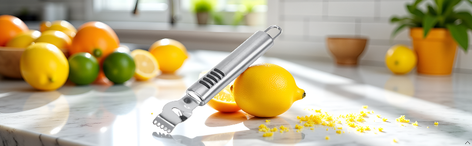 Silver Lemon Zester Peeler, Stainless Steel Lemon Lime Orange Peeler with Knife Fruit Zester Citrus Scraper, Handheld Peeling Tool Fruit Orange Peelers Kitchen Tools Graters, Peelers and Slicers