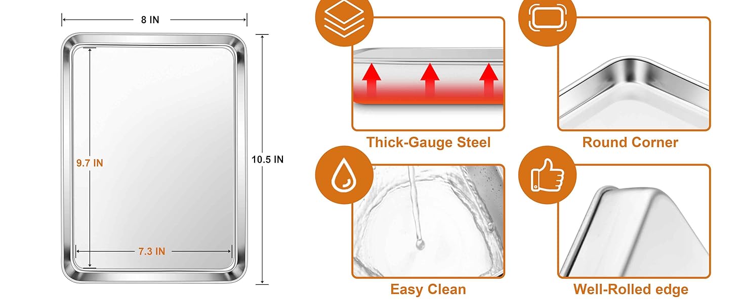 E-far Toaster Oven Tray, 10.5”x8.3” Stainless Steel Small Baking Cookie Sheet, Compact Non-toxic Metal Baking Pan for Cake, Healthy & Rust Free, Mirror Finish & Dishwasher Safe, 1 Pack