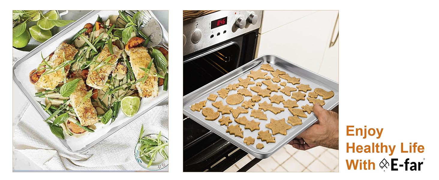E-far Toaster Oven Tray, 10.5”x8.3” Stainless Steel Small Baking Cookie Sheet, Compact Non-toxic Metal Baking Pan for Cake, Healthy & Rust Free, Mirror Finish & Dishwasher Safe, 1 Pack