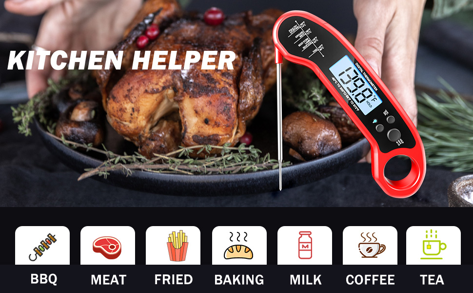 Meat Thermometer Digital, Instant Read Meat Thermometer for Grill and Cooking, Waterproof Food Thermometer for Kitchen and Outside, BBQ, Turkey, Candy, Liquids, Beef