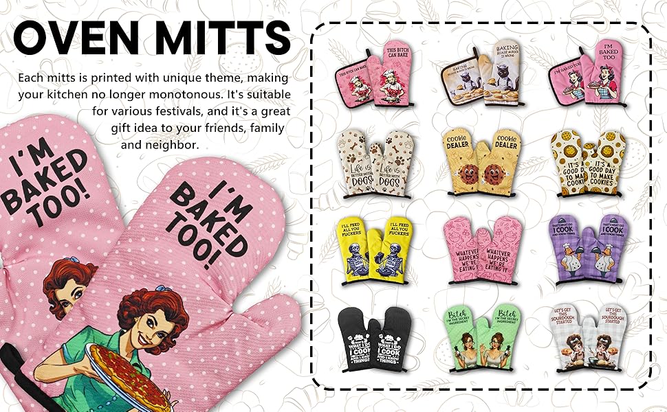2 Pcs Funny Oven Mitts I'm Baked Too Heat Resistant Mitts Retro Housewife Silicone Non-Slip Oven Mitts with Hanging Loop Sweet Housewarming Gifts for Baking Lover Hostess Family Friend
