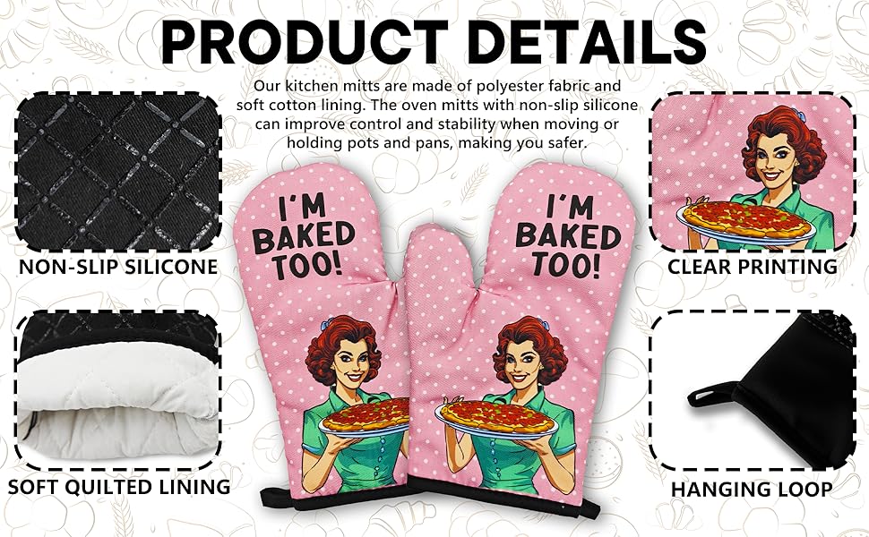 2 Pcs Funny Oven Mitts I'm Baked Too Heat Resistant Mitts Retro Housewife Silicone Non-Slip Oven Mitts with Hanging Loop Sweet Housewarming Gifts for Baking Lover Hostess Family Friend