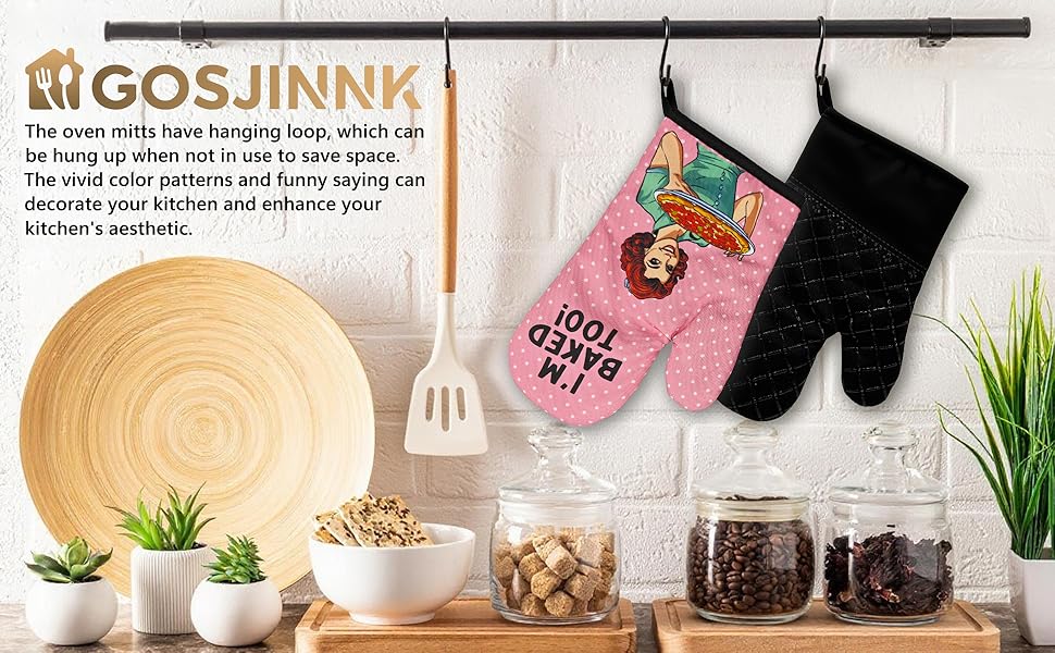 2 Pcs Funny Oven Mitts I'm Baked Too Heat Resistant Mitts Retro Housewife Silicone Non-Slip Oven Mitts with Hanging Loop Sweet Housewarming Gifts for Baking Lover Hostess Family Friend