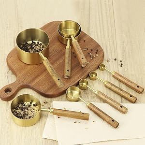 QWORK 8-Piece Stainless Steel Measuring Cups and Spoons Set - Non-Slip Solid Wood Handles, for Baking, Cooking, Grilling
