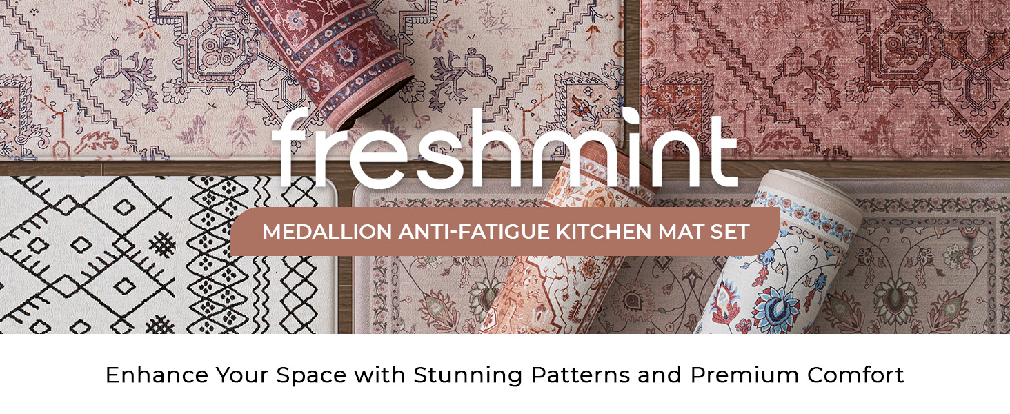 FRESHMINT Anti Fatigue Kitchen Mats Set 2 PCS, Waterproof & Non-Skid Medallion Kitchen Rugs, Cushioned Kitchen Floor Mats for Standing Washable Comfort Kitchen Runners for Lanudry, Office, Sink