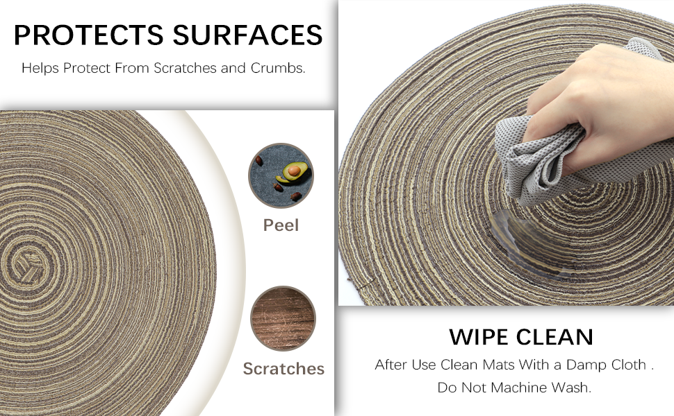 Braided Round Placemats Set of 6,Woven Washable Non-Slip Table Mats for Kitchen Dining, 14.5 Inch, Heat Resistant - Natural Fabric Indoor Outdoor Place Mats(Beige)