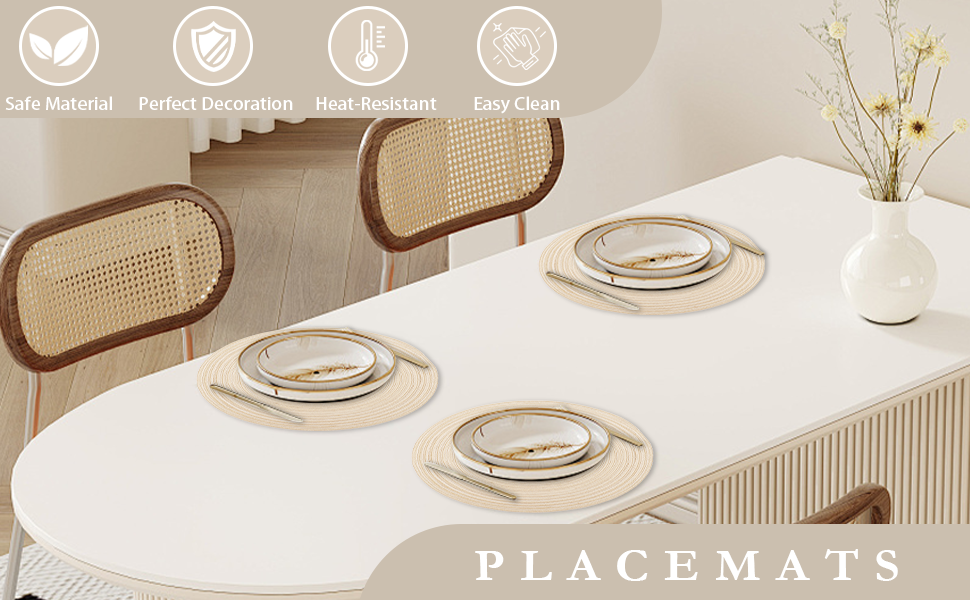 Braided Round Placemats Set of 6,Woven Washable Non-Slip Table Mats for Kitchen Dining, 14.5 Inch, Heat Resistant - Natural Fabric Indoor Outdoor Place Mats(Beige)